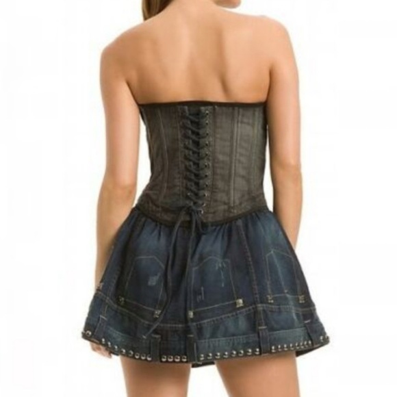 GUESS Project Runway “Natazha” Corset Lace-up Studded Denim Dress Size 1 (XS) - Picture 2 of 16
